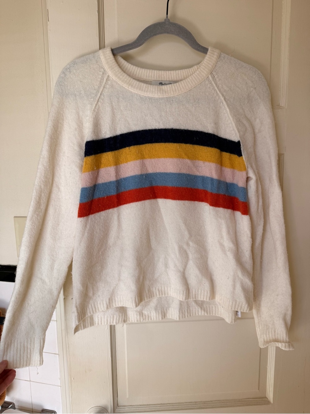 Madewell Cozy White Crewneck Sweater with Multicolor Stripes